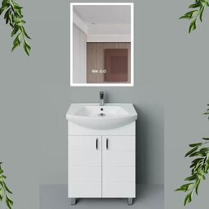 MART 65 cm széles álló fürdőszobai mosdószekrény, fényes fehér, króm kiegészítőkkel, 2 soft close ajtóval, íves kerámia mosdóval és LED okostükörrel