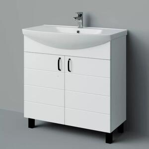 MART 75 cm széles álló fürdőszobai mosdószekrény, fényes fehér, fekete kiegészítőkkel, 2 soft close ajtóval, íves kerámia mosdóval