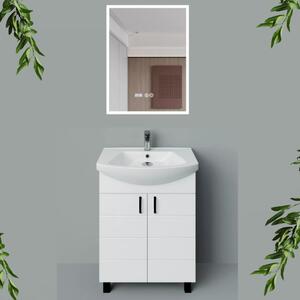MART 55 cm széles álló fürdőszobai mosdószekrény, fényes fehér, fekete kiegészítőkkel, 2 soft close ajtóval, íves kerámia mosdóval és LED okostükörrel