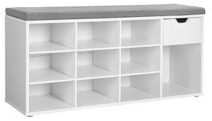Cipőtároló pad, fiókkal és nyitott rekeszekkel, párnázott ülőfelülettel, fehér és szürke 104x30x48cm