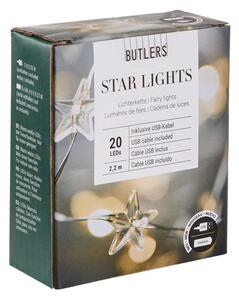 STAR LIGHTS LED égősor USB kábellel, ezüstdrót-csillagok 20 égővel