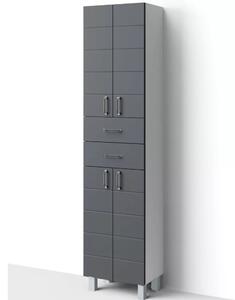 MART 45 cm széles polcos álló fürdőszobai magas szekrény, sötét szürke, króm kiegészítőkkel, 4 soft close ajtóval és 2 fiókkal