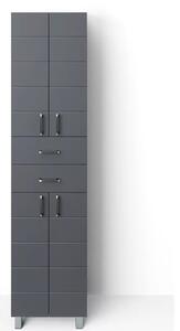 HD MART 60 cm széles polcos álló fürdőszobai magas szekrény, sötét szürke, króm kiegészítőkkel, 4 soft close ajtóval és 2 fiókkal