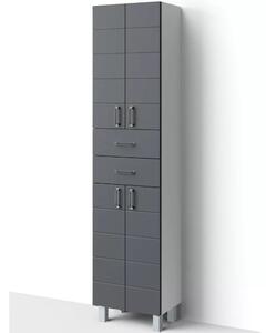 MART 60 cm széles polcos álló fürdőszobai magas szekrény, sötét szürke, króm kiegészítőkkel, 4 soft close ajtóval és 2 fiókkal