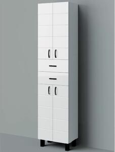 MART 45 cm széles polcos álló fürdőszobai magas szekrény, fényes fehér, fekete kiegészítőkkel, 4 soft close ajtóval és 2 fiókkal