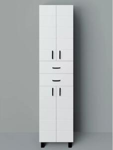 HD MART 45 cm széles polcos álló fürdőszobai magas szekrény, fényes fehér, fekete kiegészítőkkel, 4 soft close ajtóval és 2 fiókkal