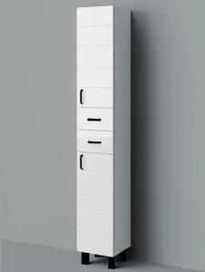MART 30 cm széles polcos álló fürdőszobai magas szekrény, fényes fehér, fekete kiegészítőkkel, 2 soft close ajtóval és 2 fiókkal