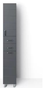 HD MART 30 cm széles szennyestartós álló fürdőszobai magas szekrény, sötét szürke, króm kiegészítőkkel, 1 soft close ajtóval, 2 fiókkal és szennyestartóval