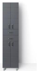 HD MART 45 cm széles polcos álló fürdőszobai magas szekrény, sötét szürke, króm kiegészítőkkel, 4 soft close ajtóval és 2 fiókkal