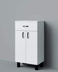 HD MART 45 cm széles polcos fürdőszobai kiegészítő alsó szekrény, fényes fehér, fekete kiegészítőkkel, 2 soft close ajtóval és 1 fiókkal