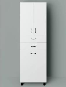 STANDARD 60 cm széles szennyestartós álló fürdőszobai magas szekrény, fényes fehér, fekete kiegészítőkkel, 2 ajtóval, 2 fiókkal és szennyestartóval