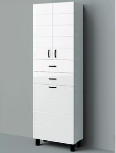 HD MART 60 cm széles szennyestartós álló fürdőszobai magas szekrény, fényes fehér, fekete kiegészítőkkel, 2 soft close ajtóval, 2 fiókkal és szennyestartóval