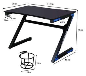 Gamer számítógépasztal pohártartóval és fejhallgató-akasztóval, 115x70x76cm - fekete, kék