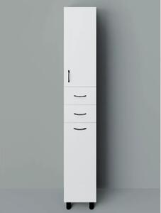 HD STANDARD 30 cm széles szennyestartós álló fürdőszobai magas szekrény, fényes fehér, fekete kiegészítőkkel, 1 ajtóval, 2 fiókkal és szennyestartóval