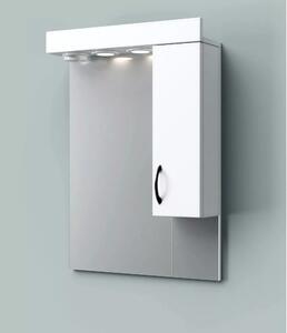STANDARD 55 cm széles fürdőszobai tükrös szekrény, fényes fehér, fekete kiegészítőkkel és beépített LED világítással