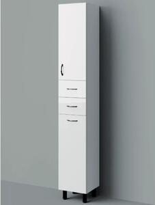 HD STANDARD 30 cm széles szennyestartós álló fürdőszobai magas szekrény, fényes fehér, fekete kiegészítőkkel, 1 ajtóval, 2 fiókkal és szennyestartóval
