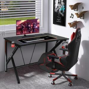 Gamer számítógépasztal pohártartóval és fejhallgató-akasztóval, 116x73x76cm - fekete, piros, fehér