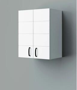 MART 60 cm széles polcos fürdőszobai fali szekrény, fényes fehér, fekete kiegészítőkkel, 2 soft close ajtóval