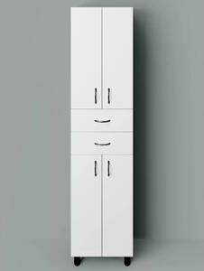 HD STANDARD 45 cm széles polcos álló fürdőszobai magas szekrény, fényes fehér, fekete kiegészítőkkel, 4 ajtóval és 2 fiókkal