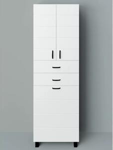 MART 60 cm széles szennyestartós álló fürdőszobai magas szekrény, fényes fehér, fekete kiegészítőkkel, 2 soft close ajtóval, 2 fiókkal és szennyestartóval