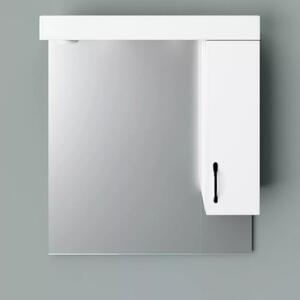 STANDARD 65 cm széles fürdőszobai tükrös szekrény, fényes fehér, fekete kiegészítőkkel és beépített LED világítással