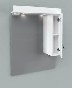 MART 75 cm széles fürdőszobai tükrös szekrény, fényes fehér, króm kiegészítőkkel és beépített LED világítással