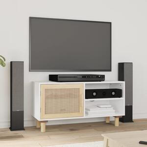 Fehér tömör fenyő és természetes rattan TV-szekrény 80x30x40 cm
