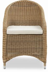 Mali kerti karfás szék, natúr polirattan, törtfehér párnákkal