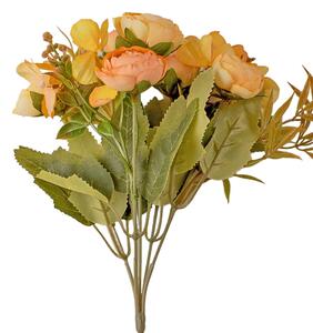 5 ágú hortenziás tearózsa selyemvirág csokor, 25cm magas - Sárgás barack