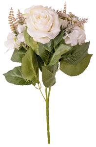 Hortenziás rózsa selyemvirág csokor, 42cm magas - fehér