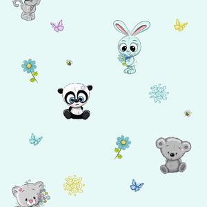 Fiú állatos menta csíkos csillámos gyerek tapéta, nyuszi, cica, panda, koala | 50 cm x 250 cm