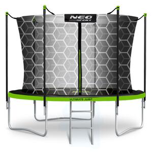 Kerti trambulin, Neo-Sport, fekete/zöld, átmérő: 312 cm, kerek, magasság: 65 cm, 180 cm belső védőháló, létra, acél váz, 3 dupla láb, 150 kg teherbírás, 54 db rugó, fekete oszlopok