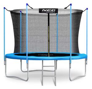 Kerti trambulin, Neo-Sport, fekete/kék, átmérő: 312 cm, kerek, magasság: 65 cm, 180 cm belső védőháló, létra, acél váz, 3 dupla láb, 150 kg teherbírás, 54 db rugó, kék oszlopok