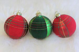 Piros-zöld bársony karácsonyi gömbök 3db 8cm