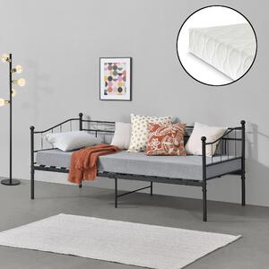 Fémkeretes ágy hideghabos matraccal és ágyrácssal Arjeplog 200 x 90 x 16 cm acélkeret 1 személyes ágy fekete matt