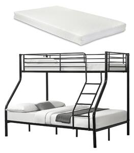 Emeletes ágy 2 hideghab matrac 200cm x 140/90cm gyerekágy védőráccsal fém fekete