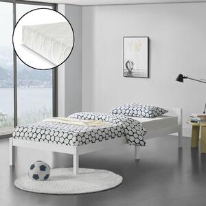 Ágykeret Nakkila ágyráccsal és matraccal fenyőfa 90x200 cm egyszemélyes egyszerű faágy fejtámlával matt fehér
