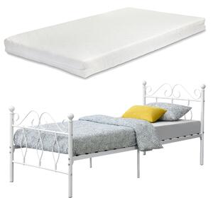 Fémkeretes ágy Apolda 90 x 200 cm porszórt (szinterezett) acél váz fehér, matt dekoratív fej-és lábrész egyszemélyes ágy hideghabos matraccal