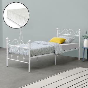 Fémkeretes ágy Apolda 90 x 200 cm porszórt (szinterezett) acél váz fehér, matt dekoratív fej-és lábrész egyszemélyes ágy hideghabos matraccal