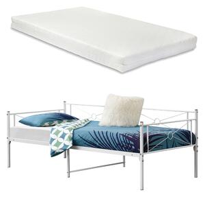 Fémkeretes ágy Alvesta 90x200 cm egyszemélyes dizájn ágykeret hideghabos matraccal ágyráccsal acélváz fehér, matt