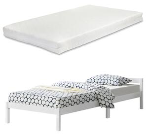 Ágykeret Nakkila ágyráccsal és matraccal fenyőfa 90x200 cm egyszemélyes egyszerű faágy fejtámlával matt fehér