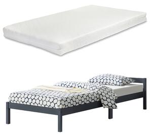 Ágykeret Nakkila ágyráccsal és matraccal fenyőfa 90x200 cm egyszemélyes egyszerű faágy fejtámlával matt sötétszürke