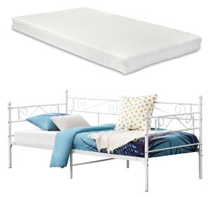 Fém ágy Kerava 90x200 cm hideghab matraccal egyszemélyes fémágy ágykeret 200 kg-ig fej-és lábrésszel acél fehér, matt