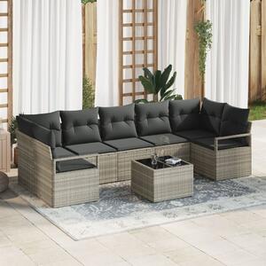 8 darabos Kert Sofa Szett Párnákkal Világosszürke Poli Rattan, 2-Személyes Kert Sofa Párnákkal Szürke Poli Rattan