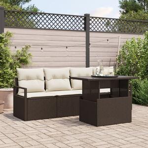 5 Részes Kert Sofa Szett Párnákkal Barna Poli Rattan, 2-Fős Kert Sofa Párnákkal Barna Poli Rattan
