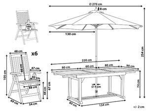 Hatszemélyes akácfa kerti JAVA étkezőgarnitúra napernyővel (12 opció)