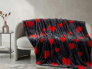 Mikroplüss takaró RED HEARTS, fekete Méret: 200 x 220 cm