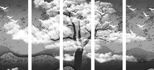5-részes kép fa felhők között fekete fehérben