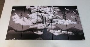 5-részes kép fa felhők között fekete fehérben