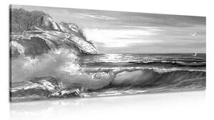 Kép tengeri hullámok a parton fekete fehérben